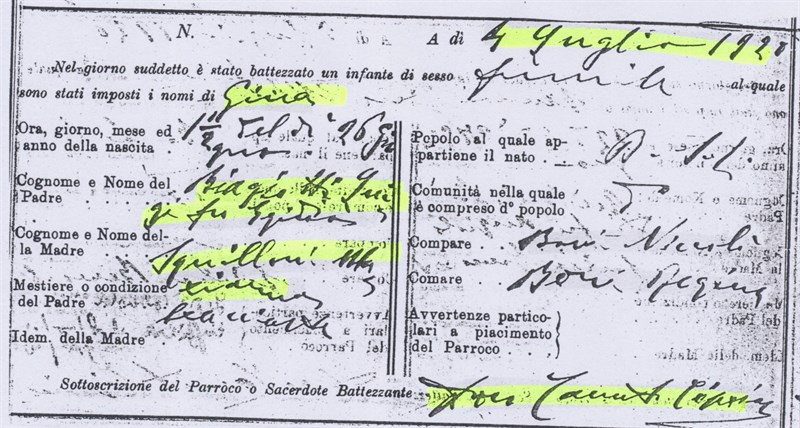 L’Atto di battesimo di Gina Biagiotti; nacque il 26 giugno del 1920 e fu battezzata dal mitico pievano don Canuto Cipriani  