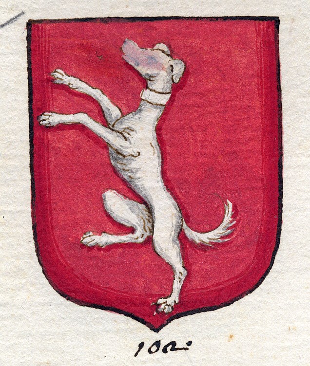 Stemma dei DA FORTUNA cane rampante d'argento in fondo rosso