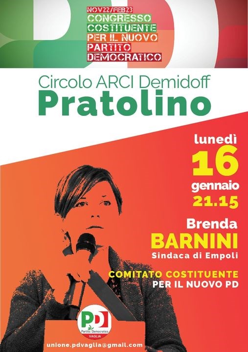 Lunedì 16 Brenda Barnini (Comitato Costituente Pd) al C ircolo Arci di Pratolino