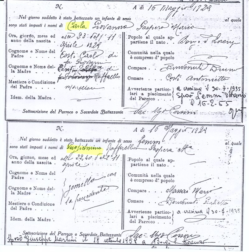 1929 - Atto di battesimo di Carla e Guglielmina