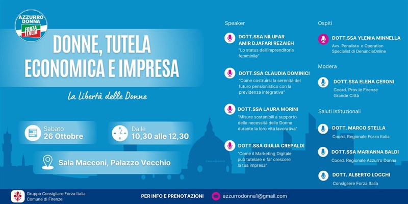 La locandina dell'evento "Donne, Tutela economica e impresa"