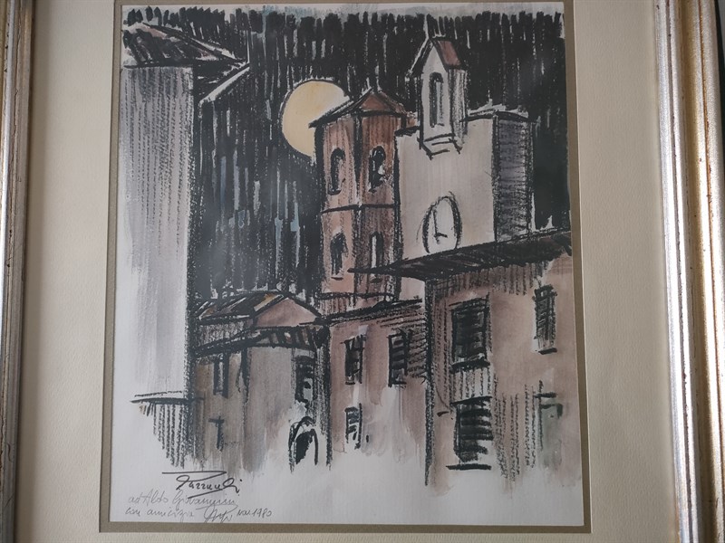Un acquerello di Enrico Pazzaglio “ La luna sul vecchio Borgo”.