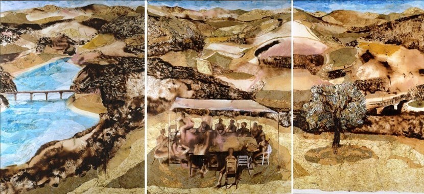 Opera ‘Così come cosa causa caso’ di Lorenzo Barbieri, con riferimento alla tenda sotto la quale si svolgevano gli incontri fra gli artisti e il Prof. Bimbi, Ivo Guasti…