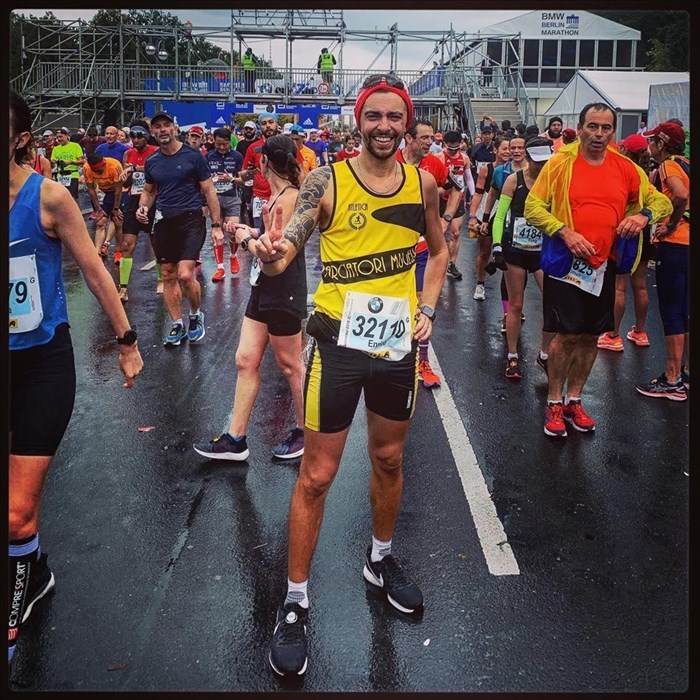 Enrico Paoli all'arrivo della Maratona di Berlino