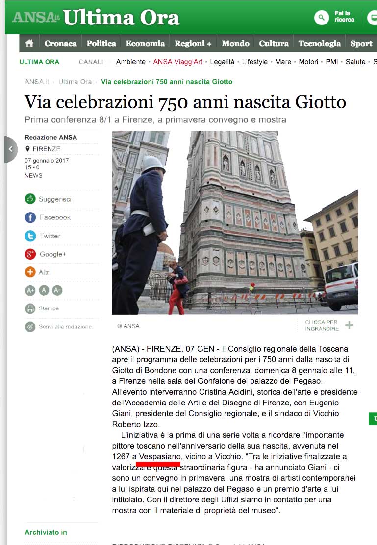 L' Ansa e gli scherzi del correttore automatico: Giotto nato a 'Vespasiano'