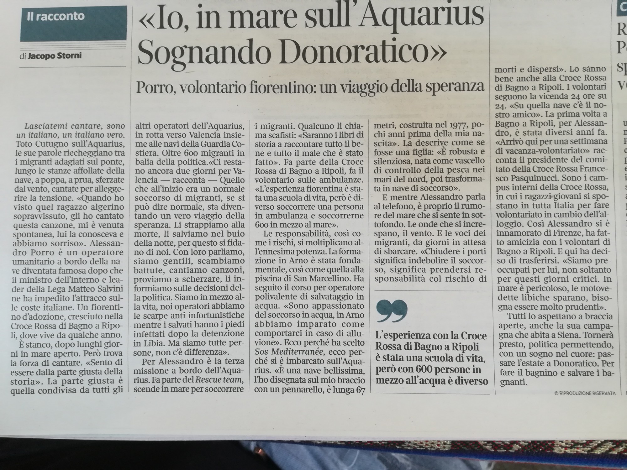 Volontario di Bagno a Ripoli sull'Aquarius. La sua storia sul Corriere Fiorentino