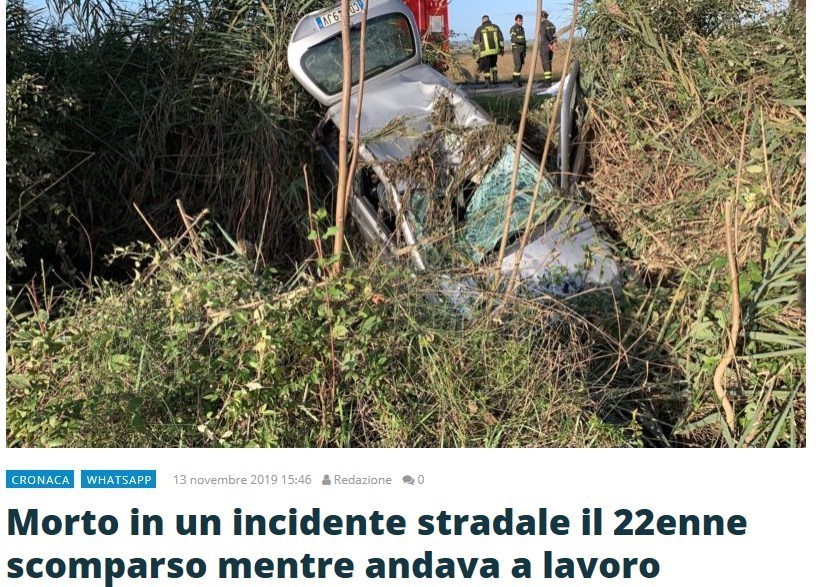 L'articolo dei colleghi di RadioSienaTv sul ritrovamento di Giacomo Clarke, la foto dell'auto nel fosso