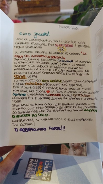 la lettera a Jacopo della Casa del Giocattolo solidale di Varese