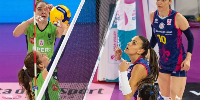 Savino Del Bene Volley e Volley Bergamo 1991 in una azione di gioco.