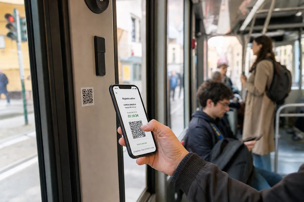 Mano con smartphone che mostra un biglietto digitale con QR code all’interno di un tram, con passeggeri sullo sfondo