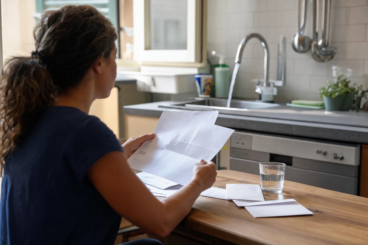 Persona al tavolo della cucina controlla bollette e documenti, con rubinetto aperto e bicchiere d’acqua