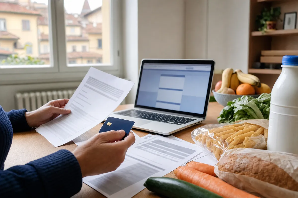 Mani con documenti e carta prepagata accanto a laptop e spesa alimentare su un tavolo, con tetti sullo sfondo