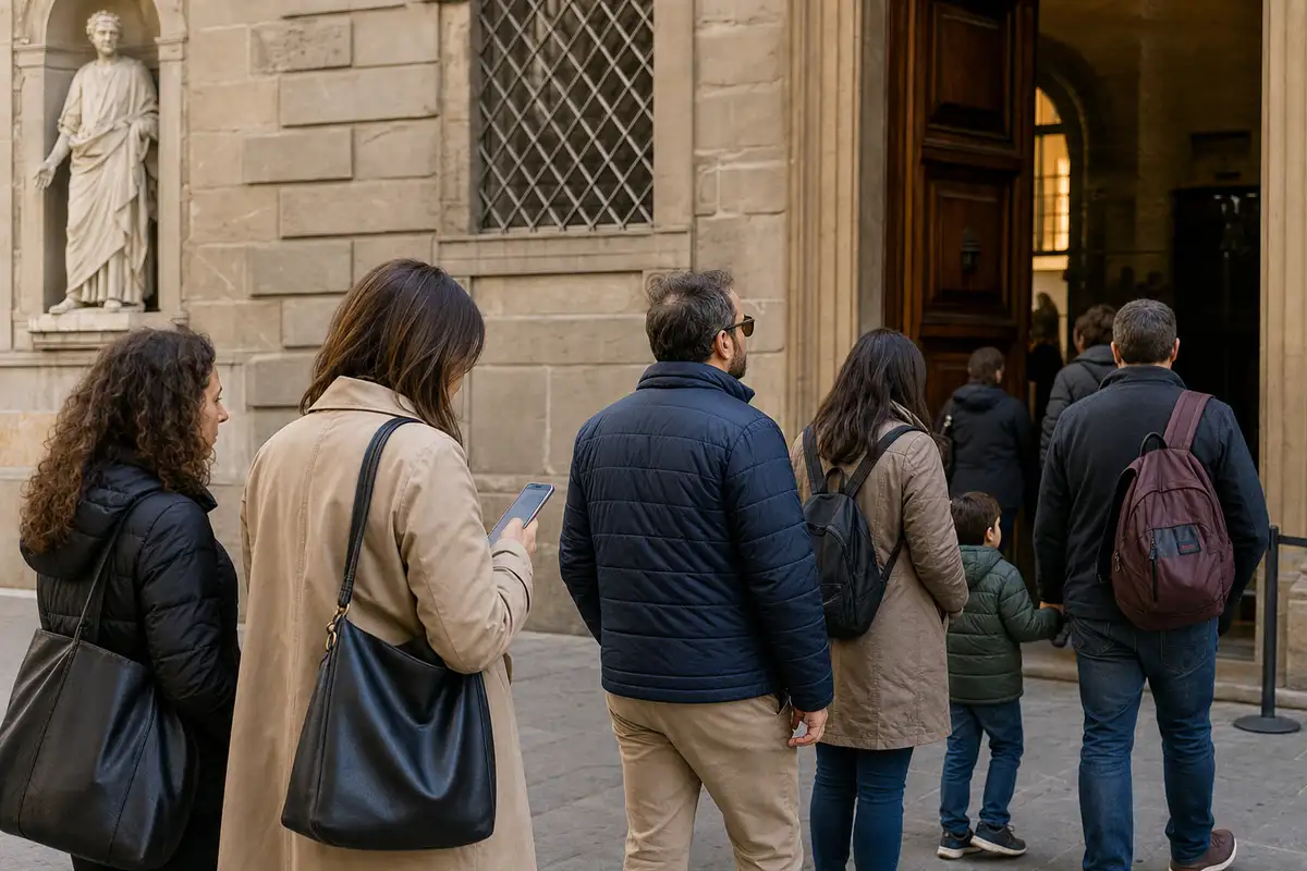 Visitatori in fila all’ingresso di un museo in un palazzo storico, con una persona che controlla lo smartphone