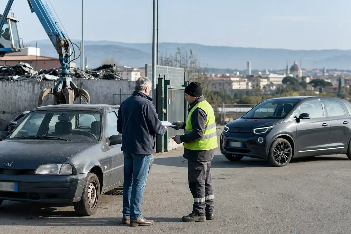 Consegna dei documenti per la rottamazione di una vecchia auto in un centro demolizioni, con un’auto moderna sullo sfondo