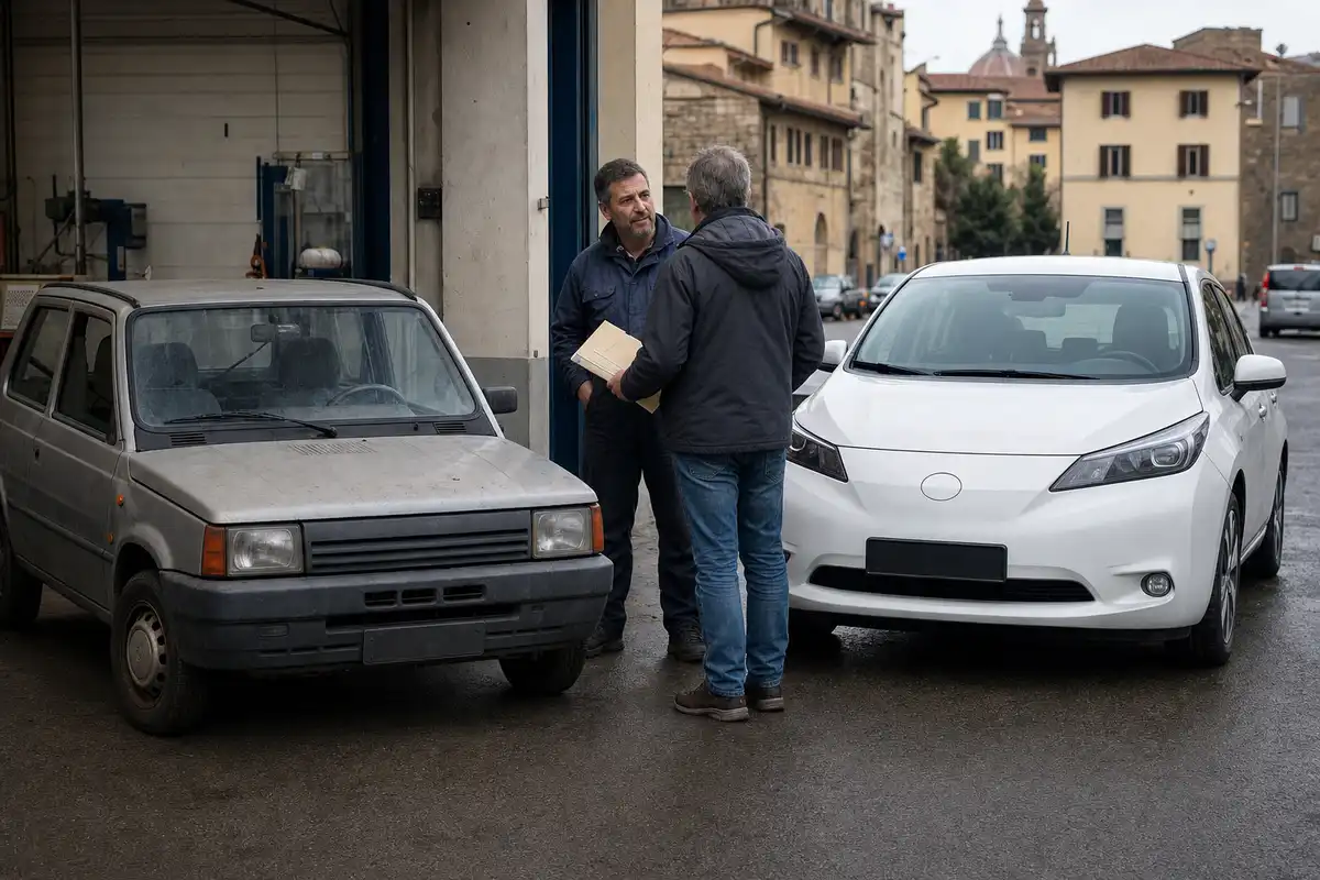 Vecchia utilitaria impolverata e auto bianca moderna con due uomini che parlano con documenti davanti a un’officina