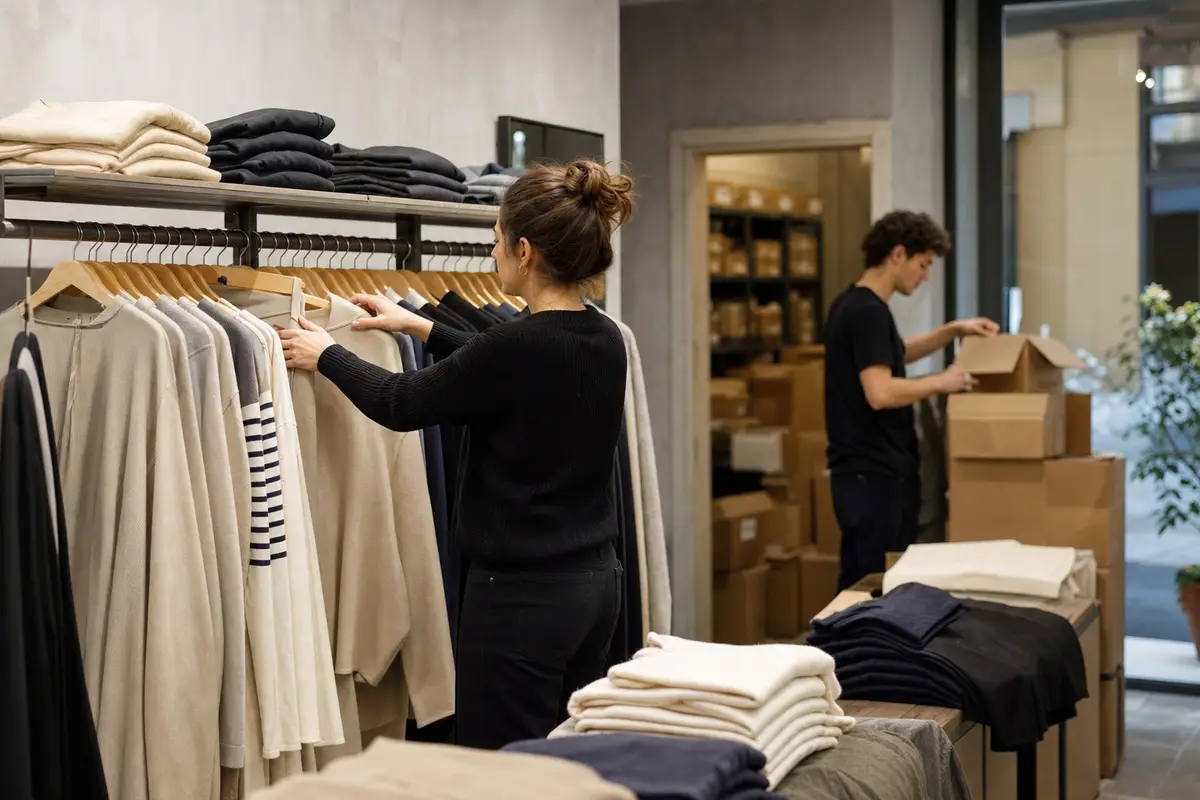 Addetta sistema maglioni su una rastrelliera mentre un collega controlla scatole in magazzino in un negozio di abbigliamento