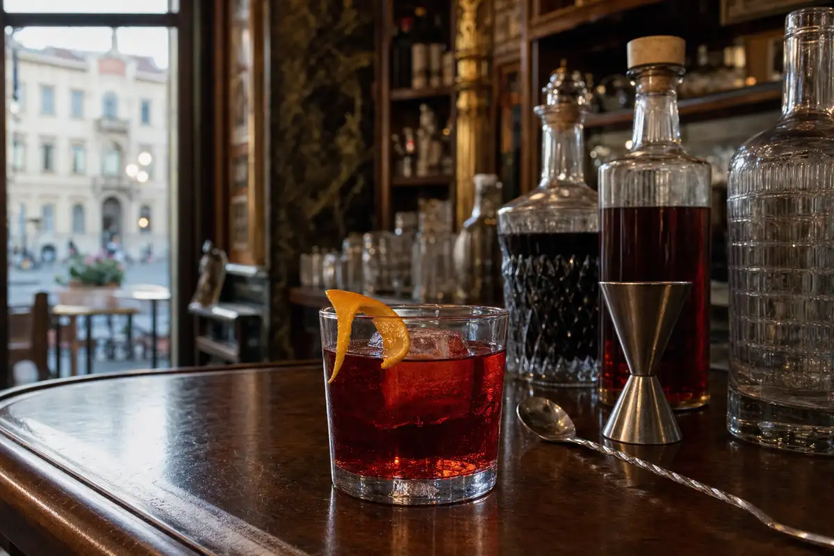 Negroni rosso con scorza d’arancia su bancone di legno, con jigger e bottiglie sullo sfondo in un bar