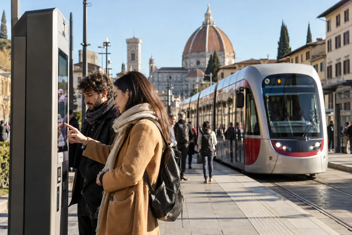 Passeggeri davanti alla biglietteria del tram