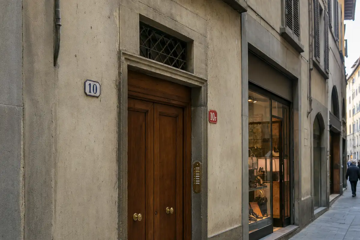 Portone e vetrina in una strada di Firenze con targhe civiche “10” blu e “10r” rossa sul muro