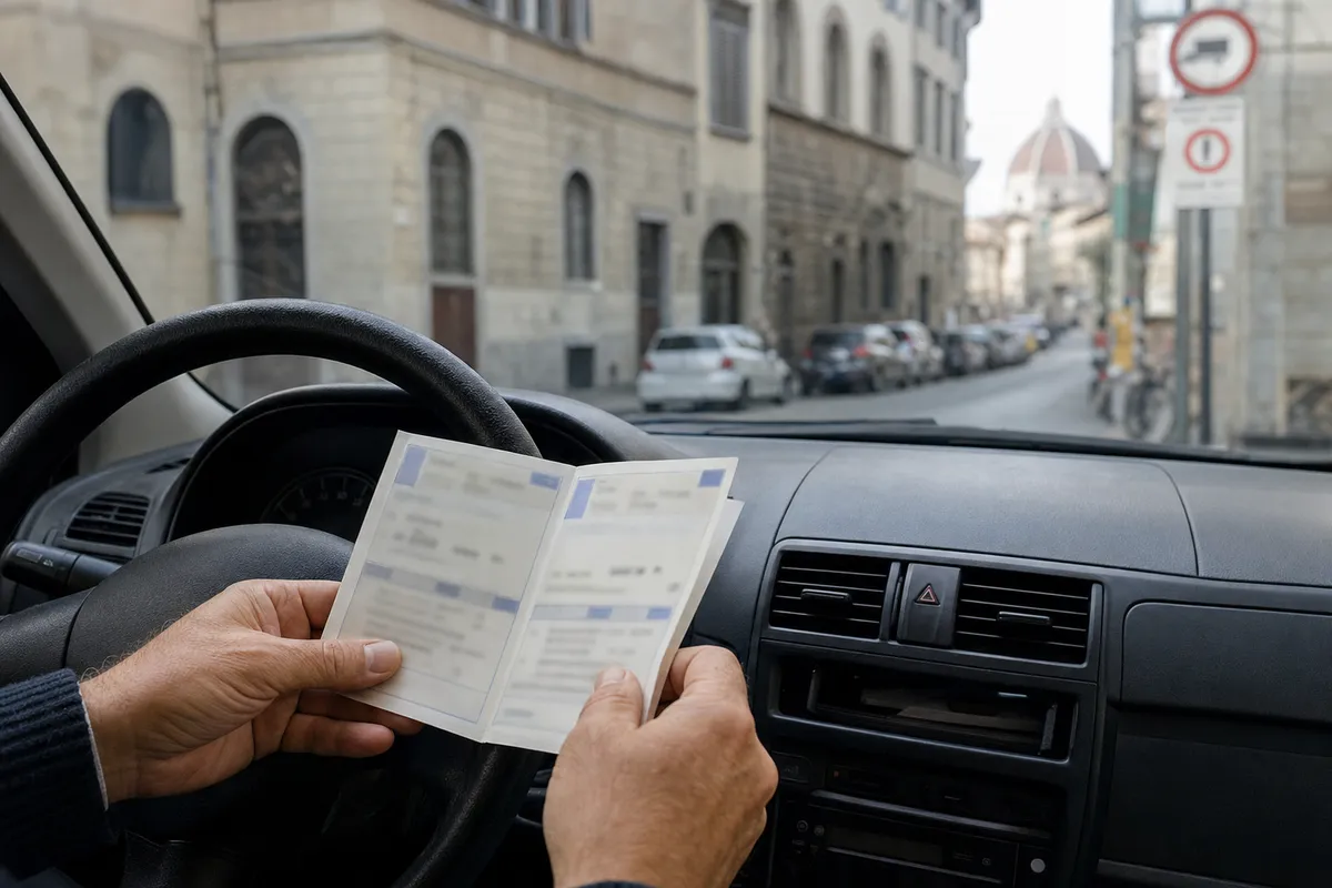 Mani al volante che controllano il libretto di circolazione in auto, con strada di Firenze sfocata sullo sfondo