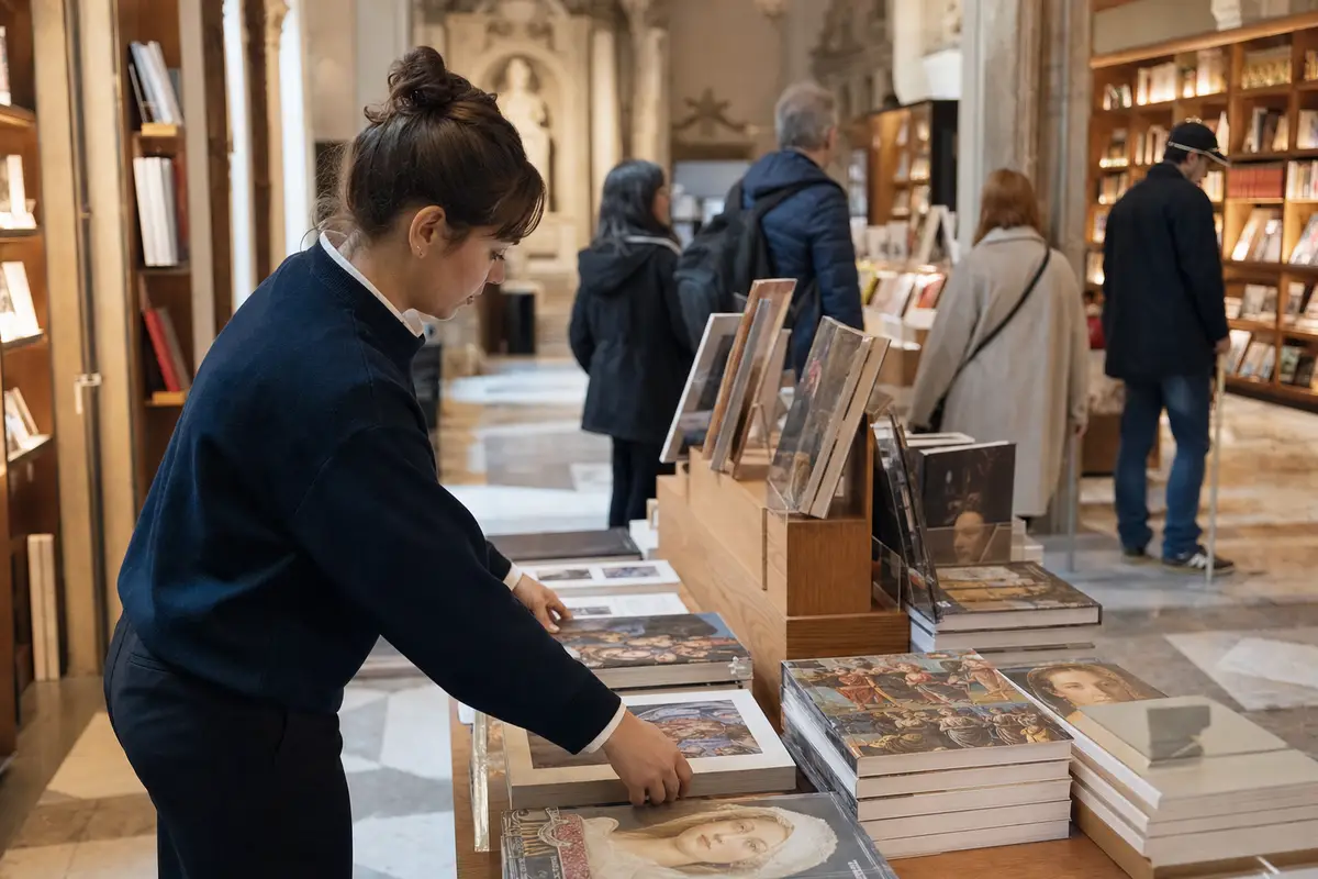 Addetta sistema cataloghi e libri d’arte su un tavolo in un bookshop museale, con visitatori sullo sfondo
