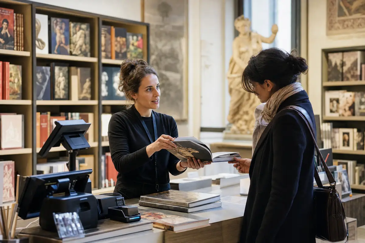 Addetta al bookshop museale consiglia un catalogo a una visitatrice al banco cassa con POS, tra scaffali di libri d’arte